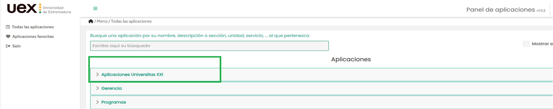 Panel de aplicaciones con la categoría Aplicaciones Universitas XXI desplegada
