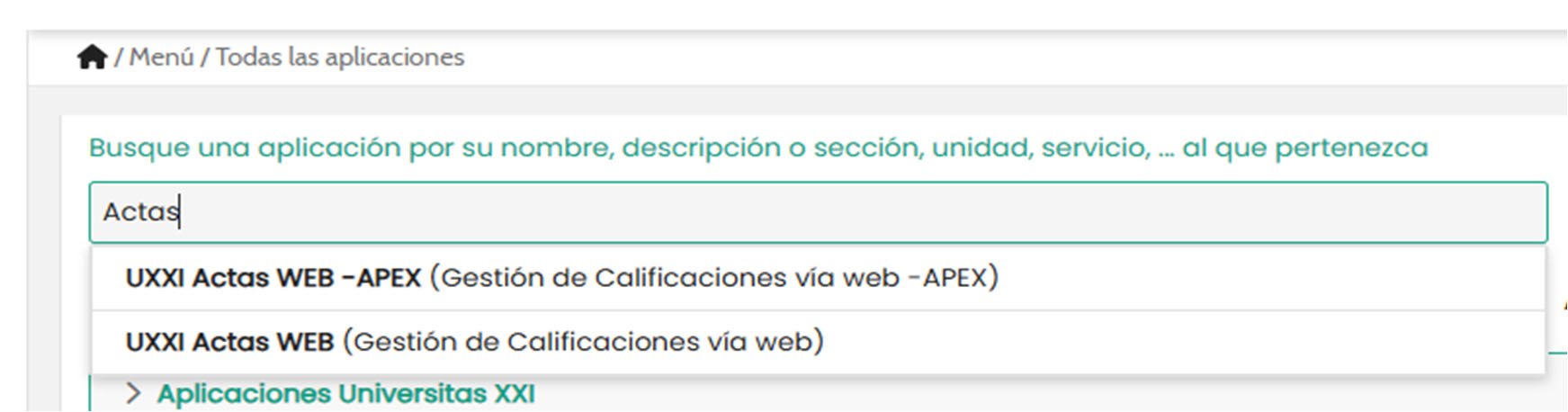 Buscador con el término Actas y los resultados UXXI Actas Web