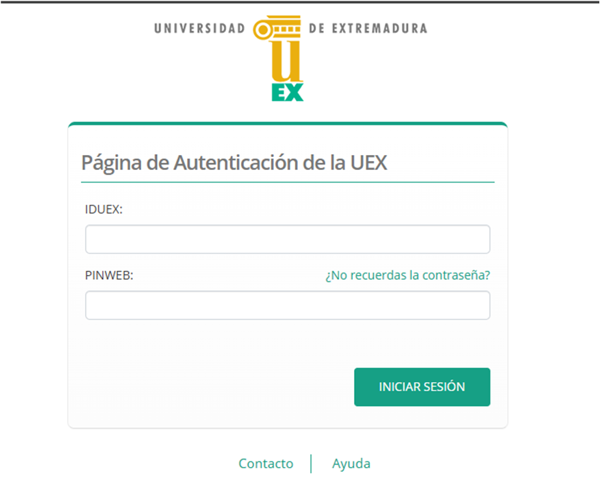Página de Autenticación de la UEx con los campos IDUEX y PINWEB