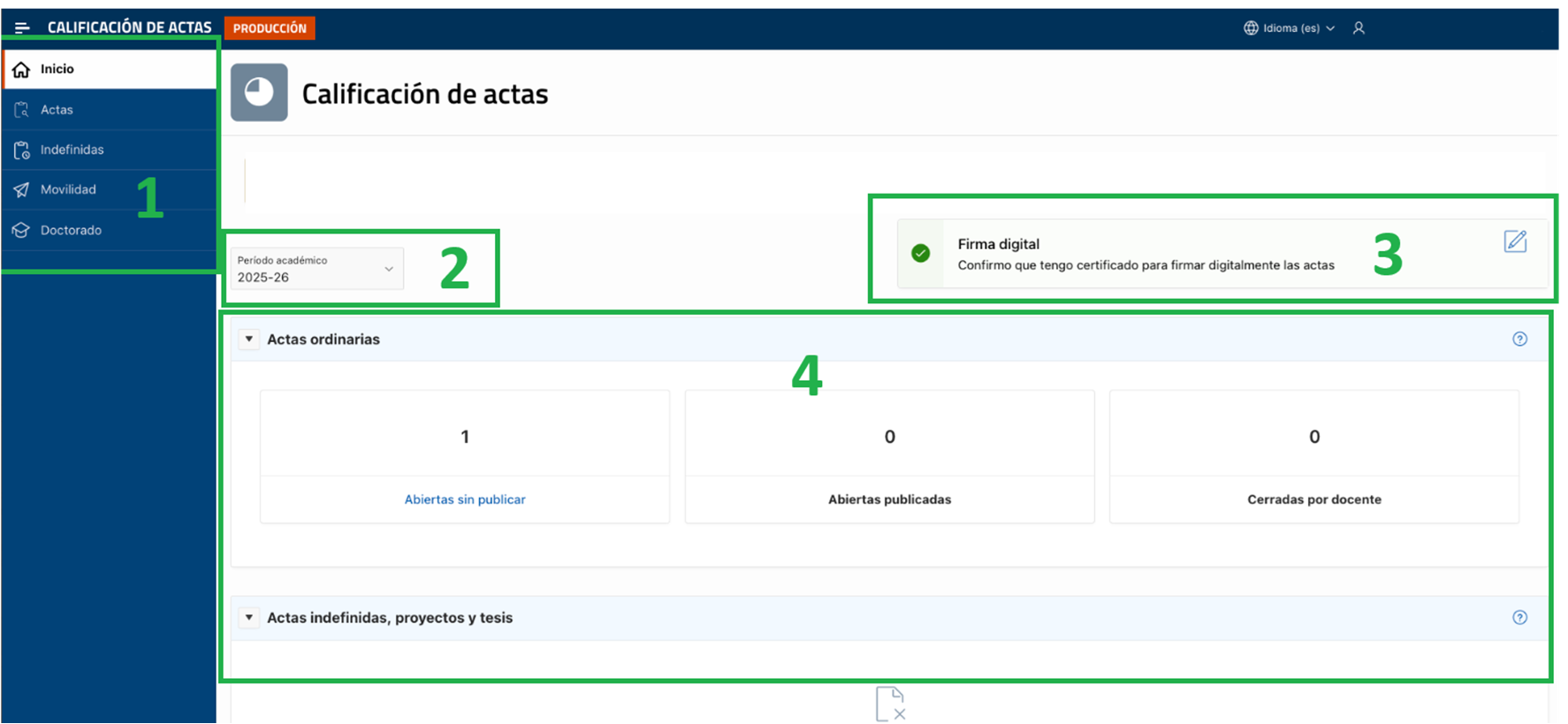 Pantalla de inicio con el menú de actas, el periodo académico, la firma digital y el resumen de actas