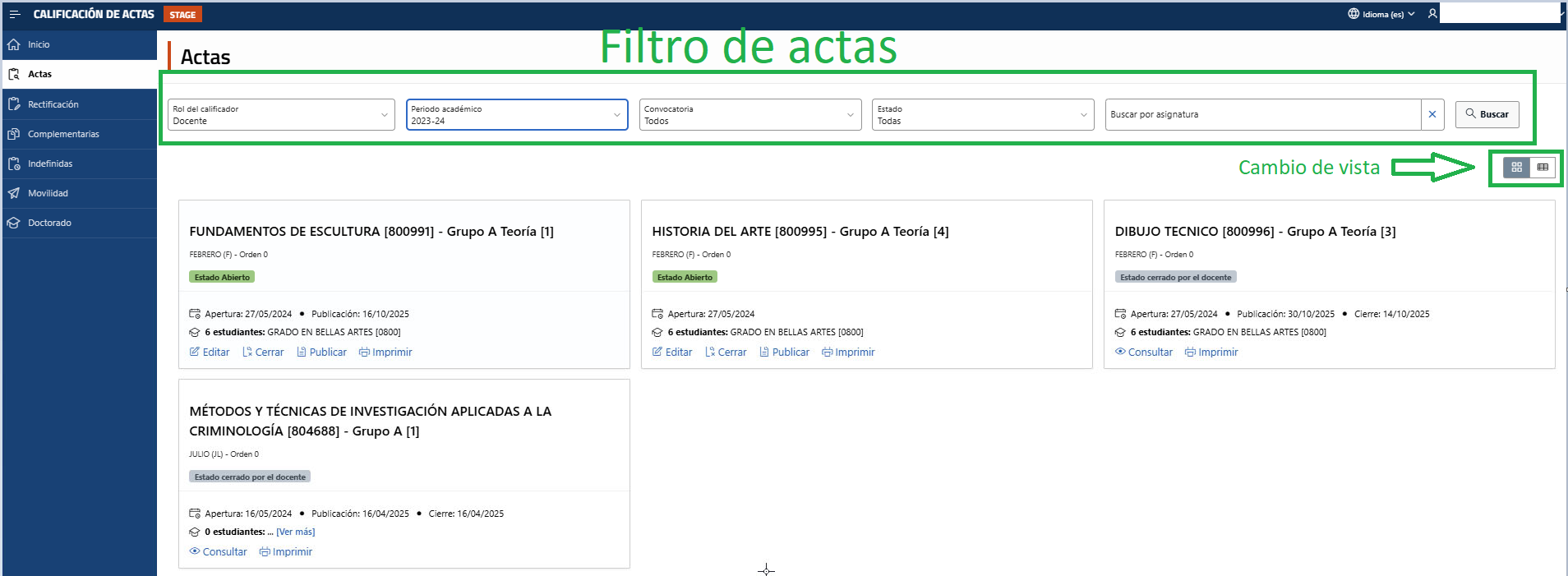 Vista informe con el filtro de actas y el botón de cambio de vista