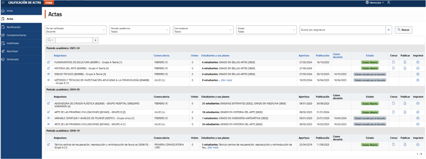 Listado de actas en vista informe ordenado por periodo académico