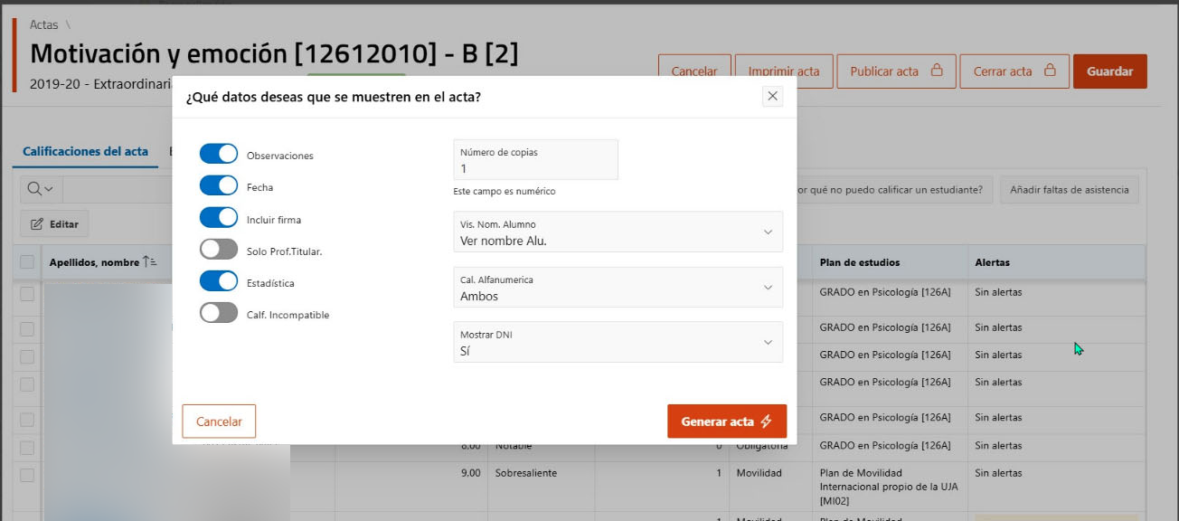 Opciones de impresión del acta: datos a mostrar, número de copias y formato