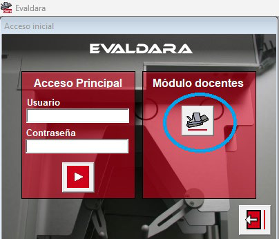 Pantalla de acceso inicial de Evaldara con el botón del Módulo Docentes