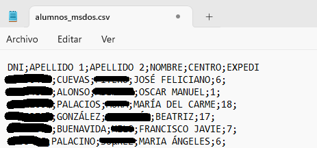 Ejemplo de fichero CSV con datos de alumnos