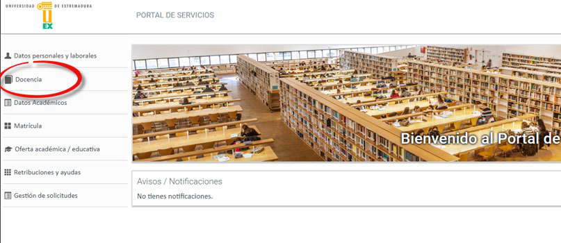 Portal de Servicios con el menú Docencia