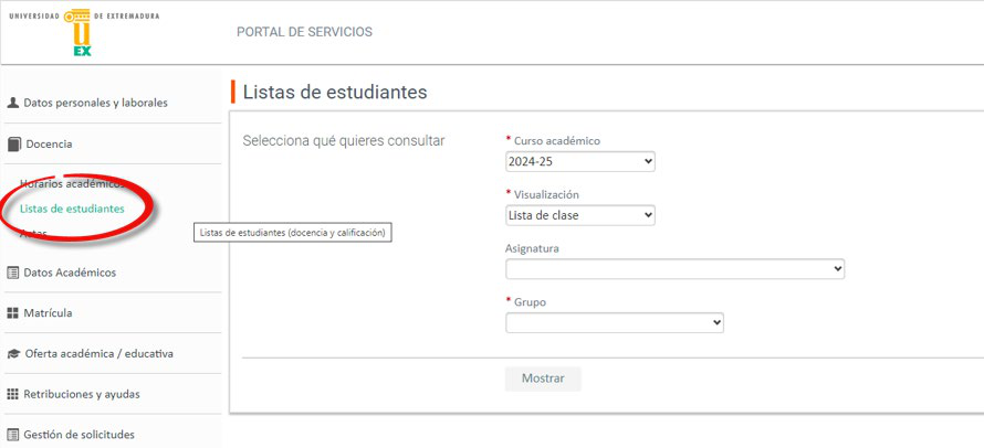 Pantalla Listas de estudiantes