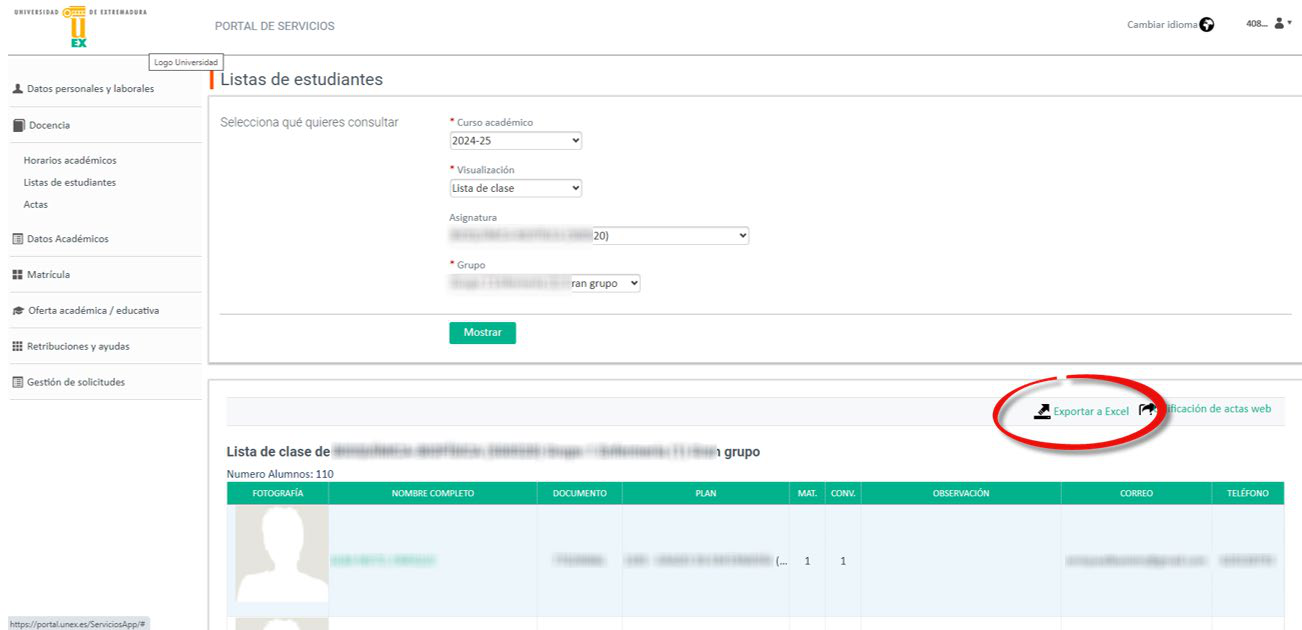 Botón Exportar a Excel en Listas de estudiantes