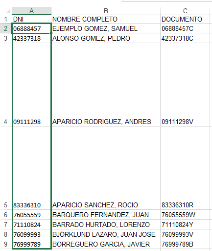 Fichero de alumnos listo: DNI, Nombre Completo y Documento