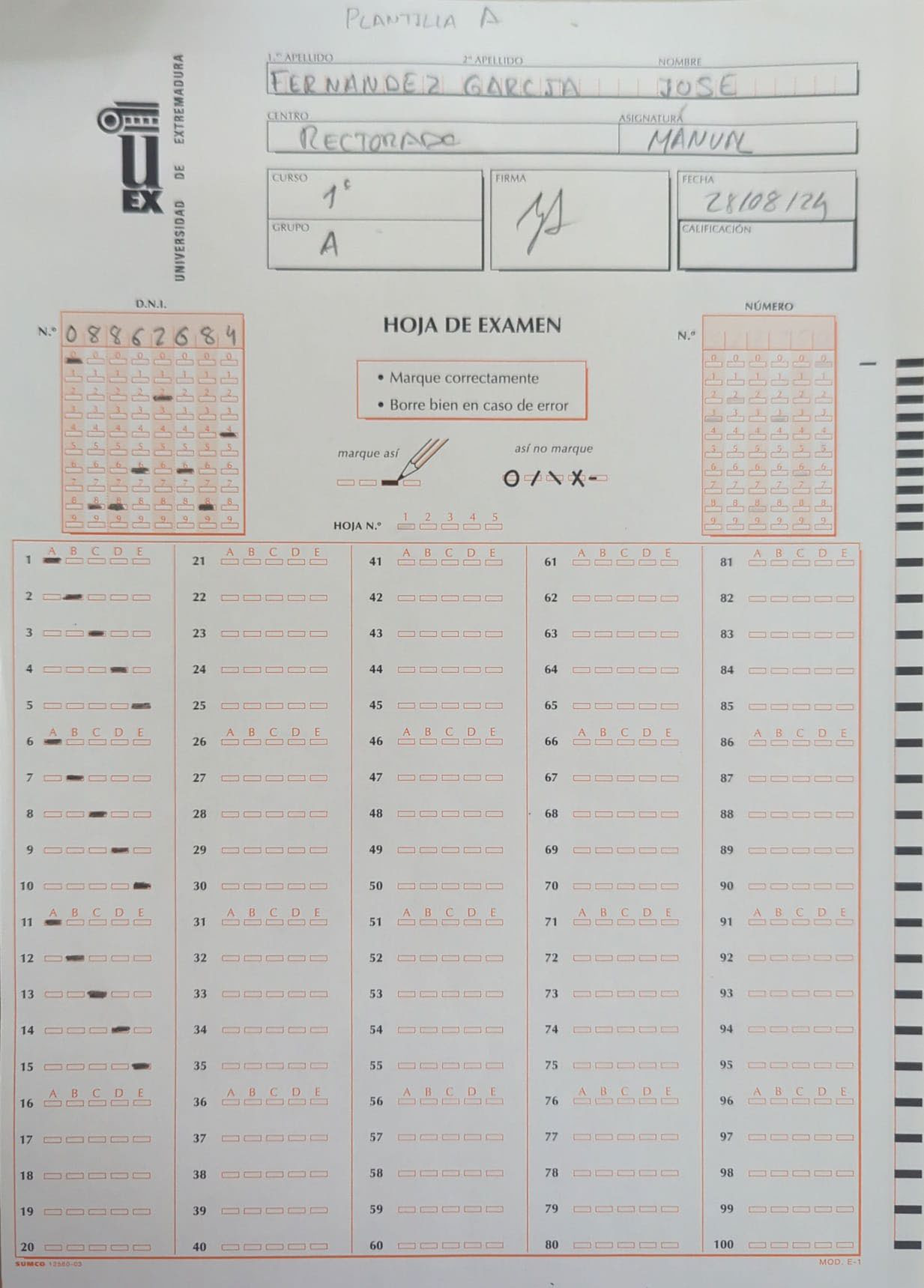 Plantilla correctora con las respuestas correctas