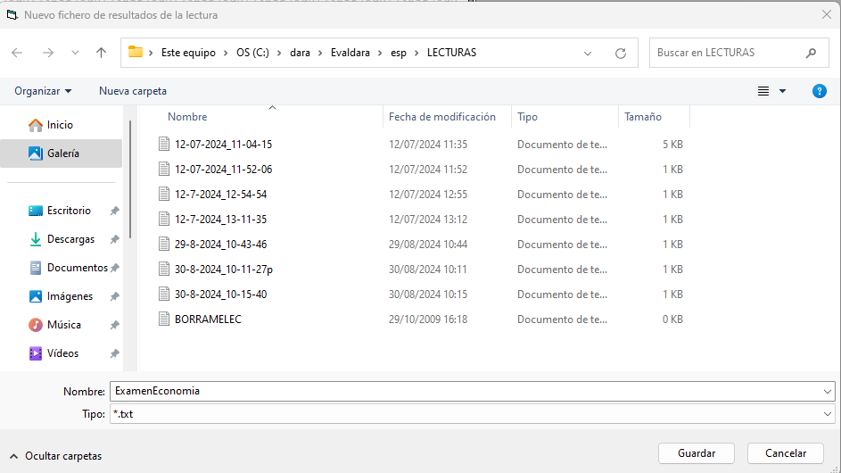Ventana para guardar el fichero de resultados de la lectura