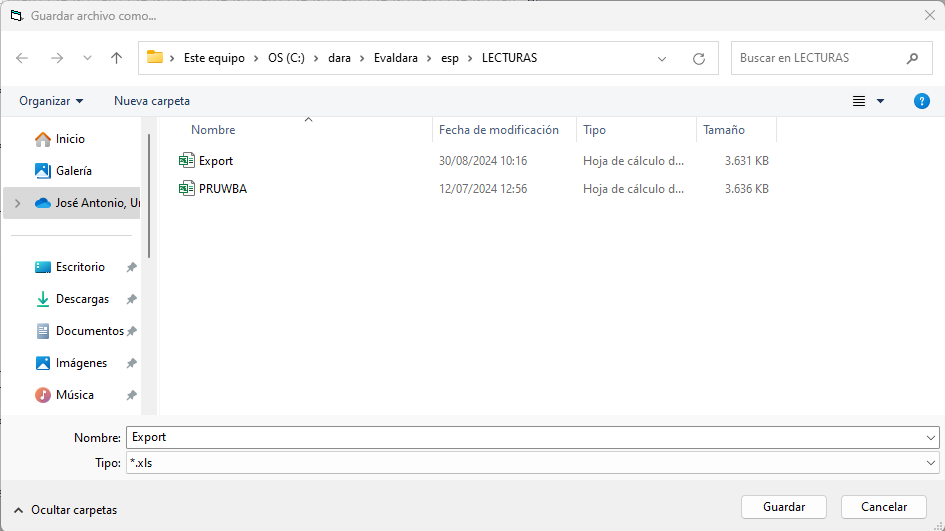 Ventana para guardar el fichero Excel