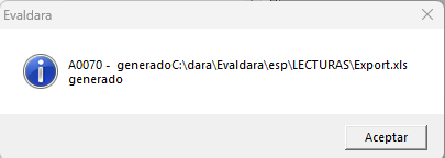 Aviso de que el fichero Excel se ha generado