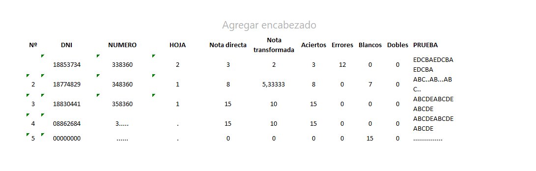 Tabla de datos de la corrección en Excel