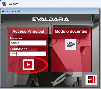 Pantalla de acceso de Evaldara con las credenciales y el botón de acceso
