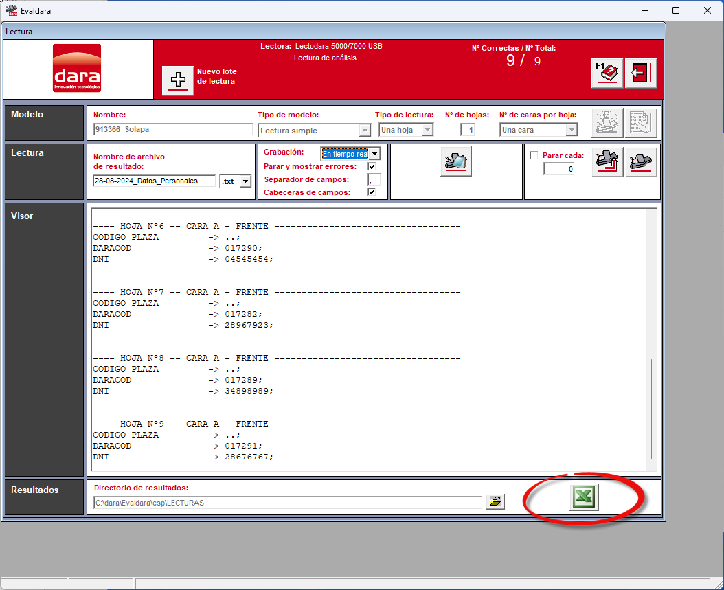 Botón para abrir los resultados en Excel