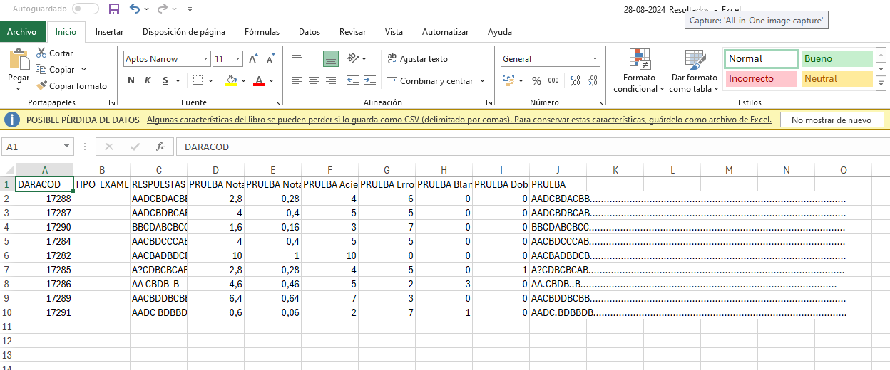 Respuestas y corrección abiertas en Excel