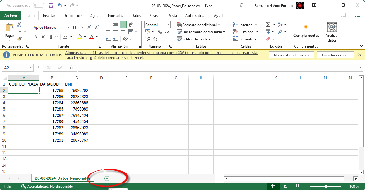 Pegado de los datos en una nueva hoja