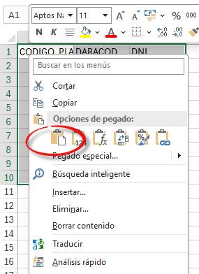 Pegado de los datos en la celda A1
