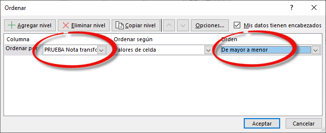 Cuadro de diálogo Ordenar por la nota transformada