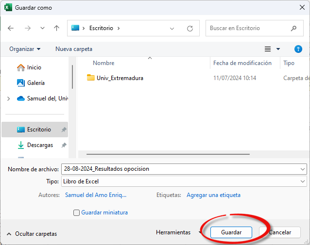 Guardado del Excel en el escritorio